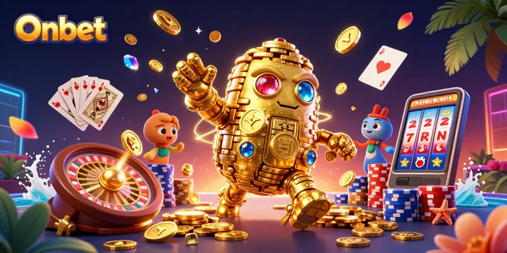Onbet showcases a vibrant casino scene with a golden golem amidst spinning roulette and flying gems.