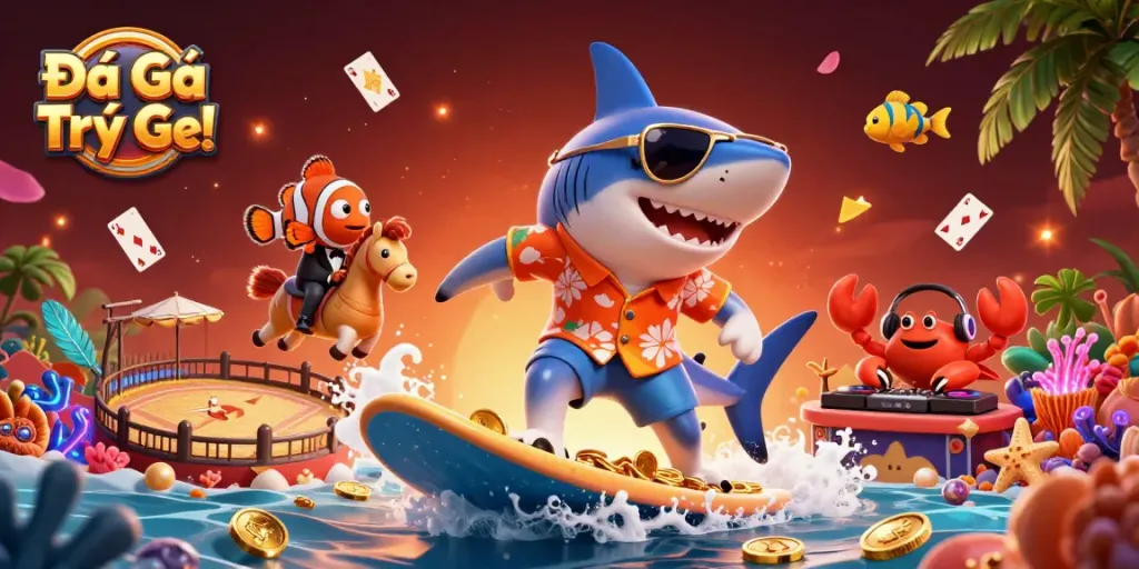Experience Đá Gà Trực Tiếp with colorful action and dynamic characters in a vibrant gambling scene.