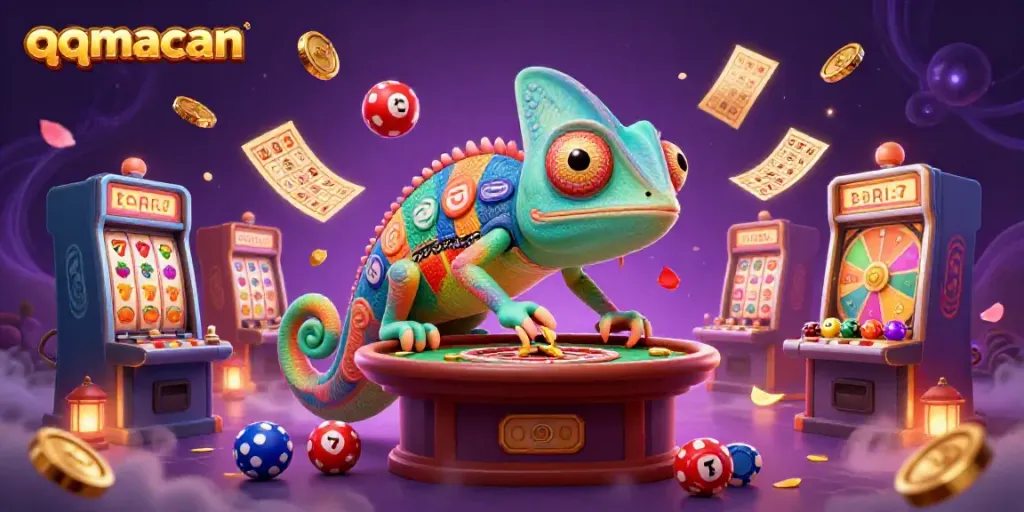 Join the thrilling world of qqmacan as a chameleon casino owner catches golden coins, surrounded by vibrant games.