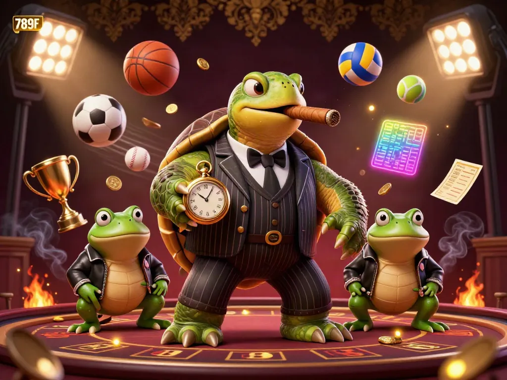 Engage in thrilling moments with 789F as a lavish snapping turtle and bullfrog enforcers capture attention amidst dynamic sports betting elements.