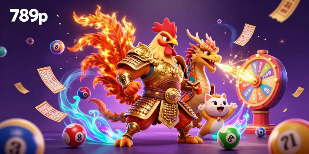 Experience the vibrant atmosphere of 789p with a fierce rooster warrior and dragon in a dynamic casino scene.
