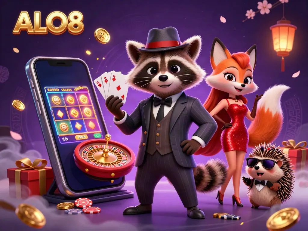Experience ALO8 excitement with a charming raccoon, fox, and hedgehog in a vibrant casino scene.
