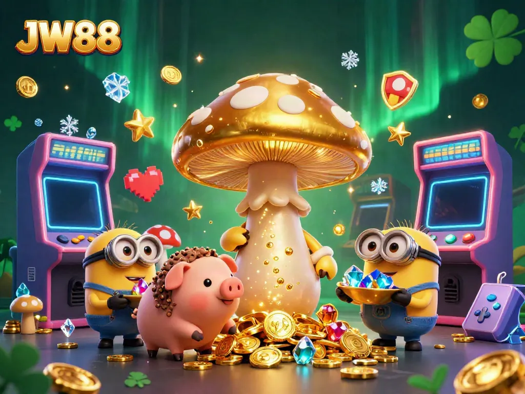 Experience the magic of JW88 with a golden mushroom wizard and treasure-hunting pig in a vibrant casino scene.
