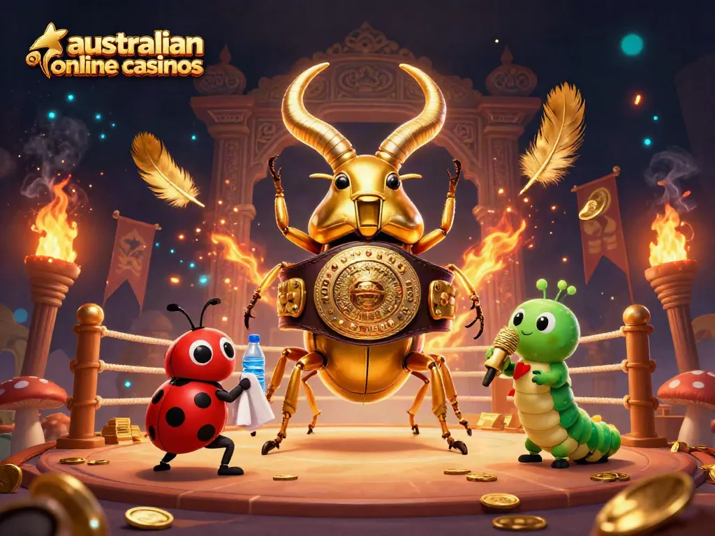 Experience thrilling action with this vibrant illustration of australian online casinos featuring a champion beetle and dynamic elements.