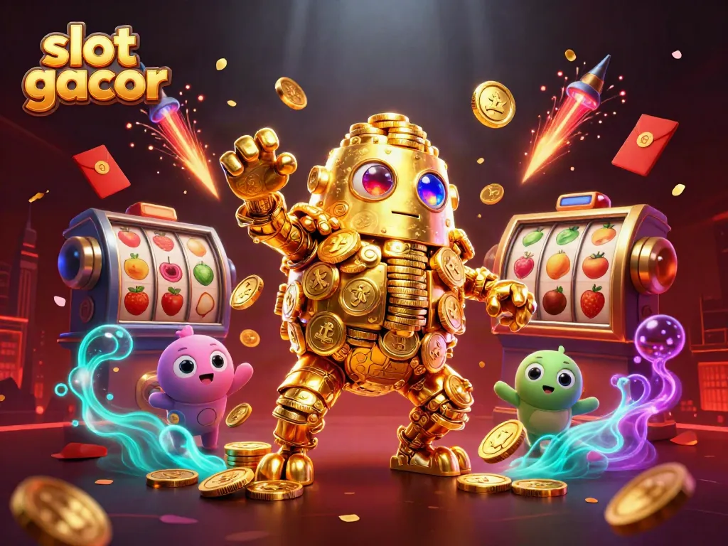 Engaging slot gacor illustration with a golden golem and dynamic casino elements.