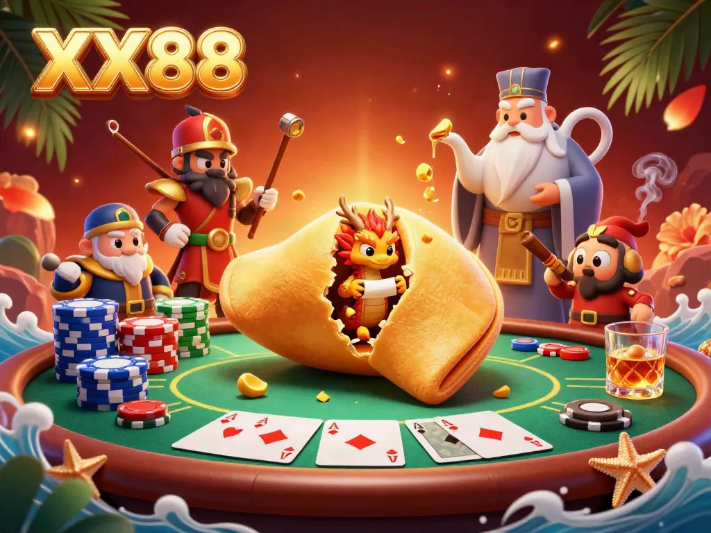Engage with XX88's dynamic casino scene featuring a golden fortune cookie and poker game action.