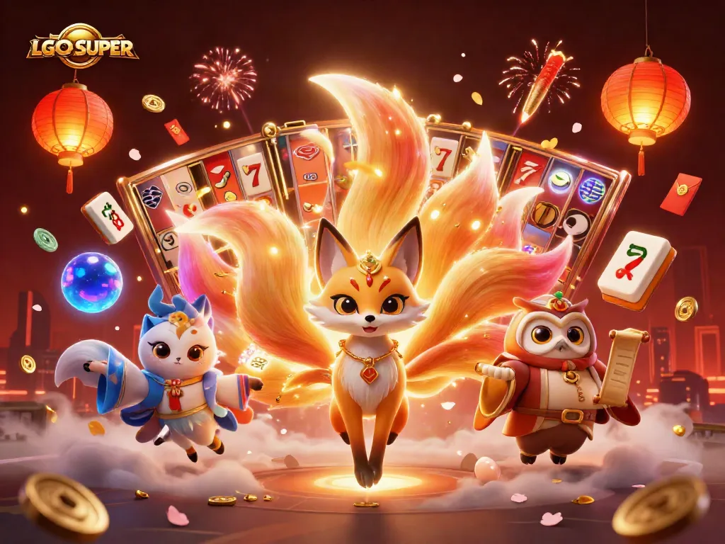 Engage with LGOSUPER's vibrant casino world featuring a glowing nine-tailed fox and dynamic slot symbols.