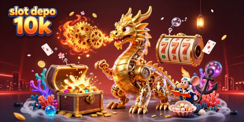 Engage in exciting gameplay with slot depo 10k, highlighted by a dynamic golden dragon scene and sparkling treasures.