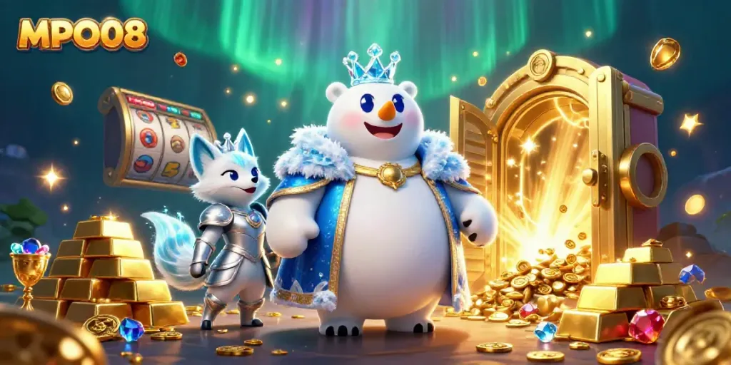 MPO08 features a polar bear and snow fox surrounded by vibrant gaming elements, symbolizing exciting online casino experiences.