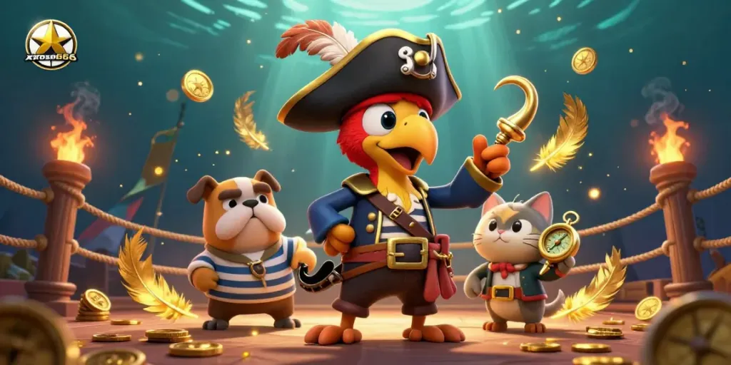Xoso66 features a colorful pirate scene with characters and gambling elements, capturing excitement in online betting.