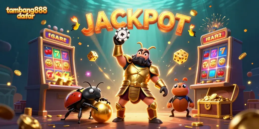 Menggenggam chip poker, kumbang hercules merayakan kemenangan di dunia judi tambang888 daftar.