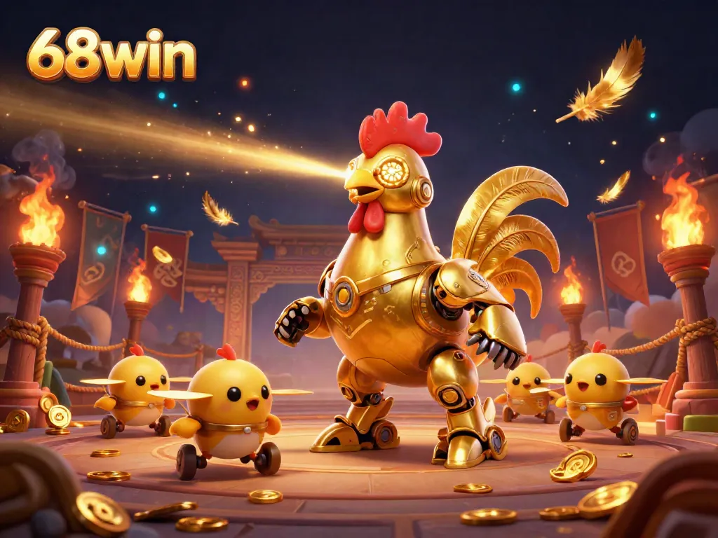 Engage in thrilling gameplay with 68win’s dazzling golden rooster robot and dynamic gambling scene.