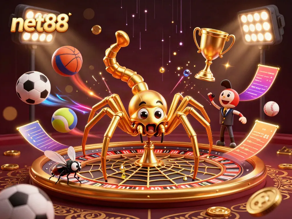 Experience the vibrant energy of net88 with a spider and croupier in a dynamic casino scene.