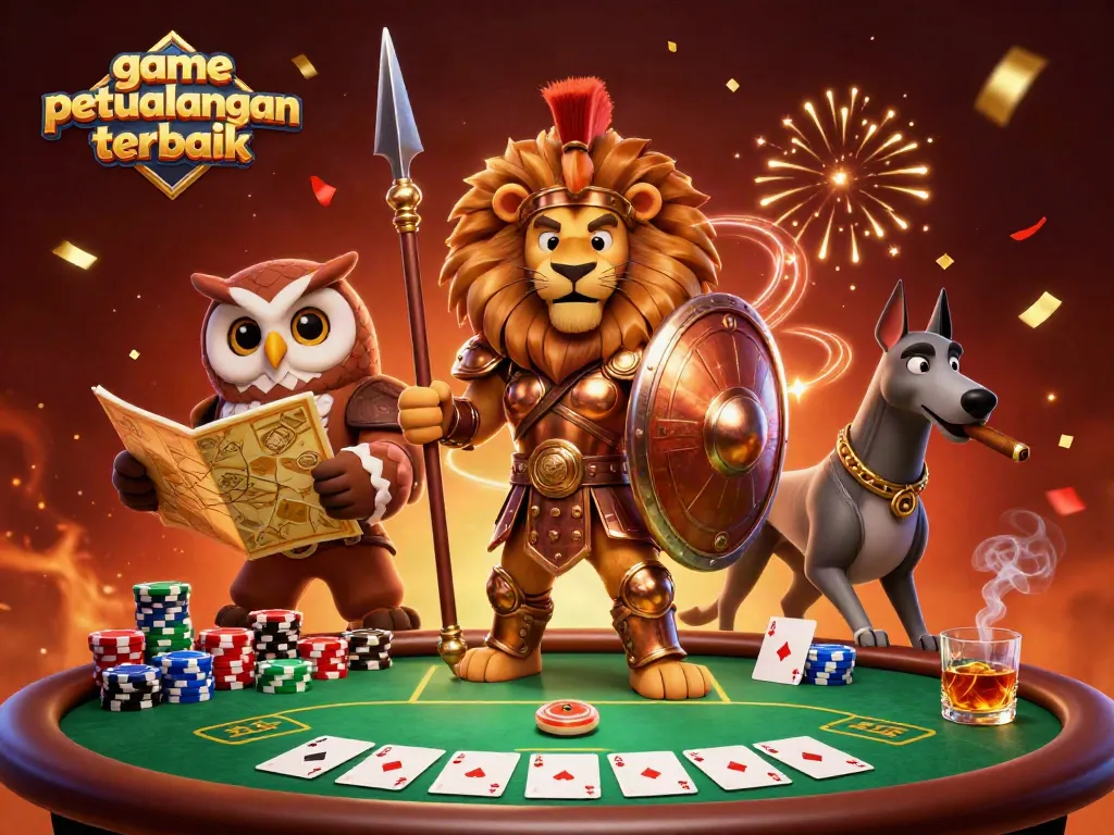 Gambarkan game petualangan terbaik dengan karakter-karakter kartun beraksi di meja poker.