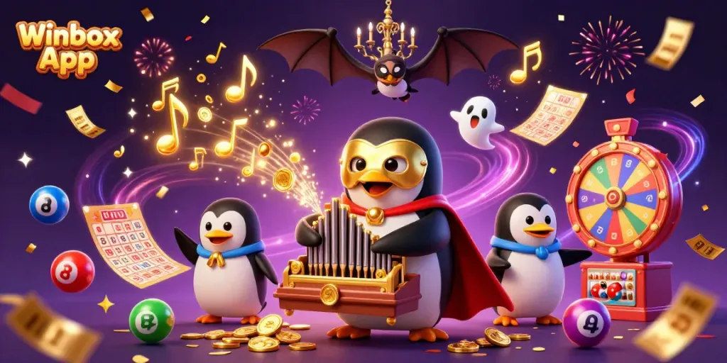 Engage with the Winbox App as the penguin plays for golden coins amid a vibrant casino celebration.