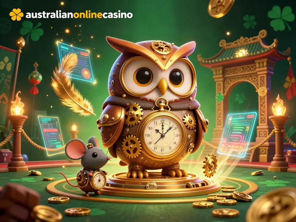 Engage with real-money play at australianonlinecasino featuring a steampunk owl and vibrant casino elements.