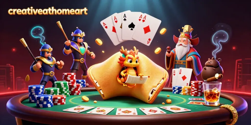 Engage with creativeathomeart by exploring a vibrant casino-themed illustration featuring a golden fortune cookie and animated characters.