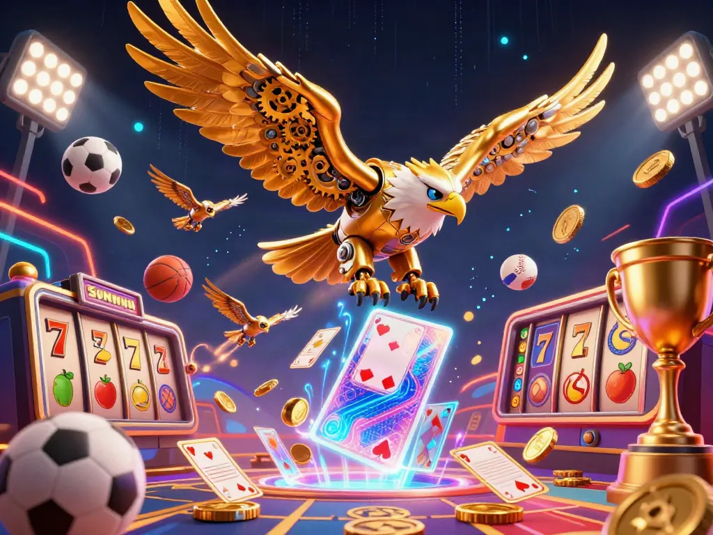 SUNWIN unleashes exhilarating gaming with a cybernetic eagle diving through vivid holographic cards and slot elements.