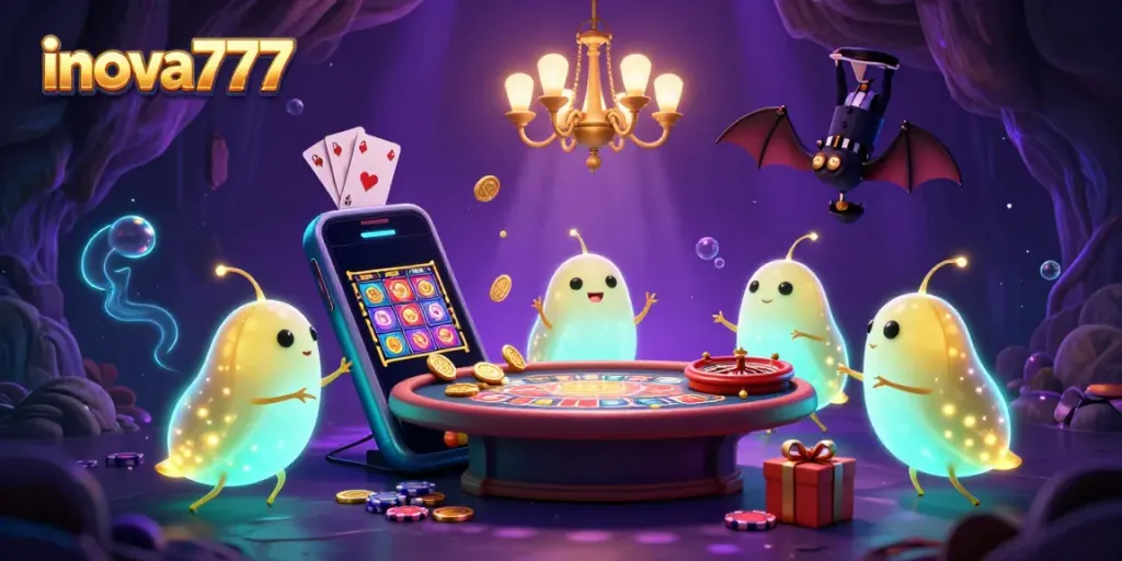 Engage in thrilling gameplay with INOVA777’s bioluminescent casino scene featuring colorful slot games and dynamic casino elements.