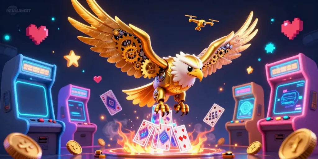 DEWALANGIT menghadirkan gambaran menarik dengan elang golden cybernetic dan kartu bermain holografik yang terbang.