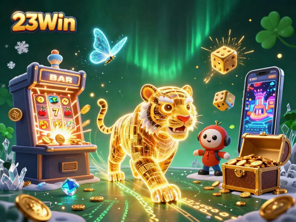 Experience thrilling wins at 23Win's vibrant digital casino landscape featuring energetic characters and dynamic game elements.