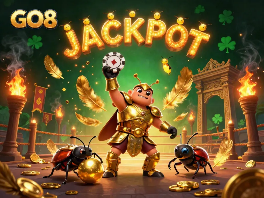 Experience the excitement of GO8 with a victorious beetle lifting a poker chip and golden rewards swirling around.