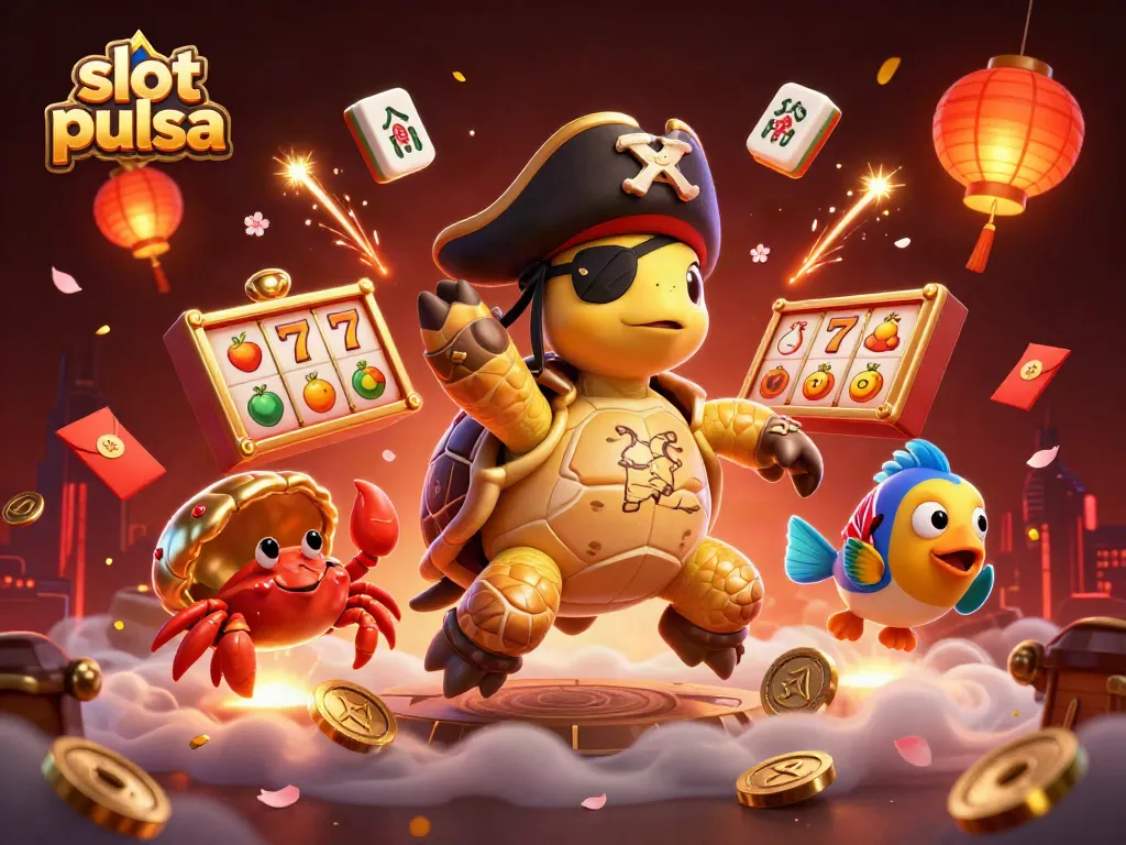 Experience thrilling slot pulsa adventures with a whimsical pirate turtle and treasure elements in this vibrant illustration.