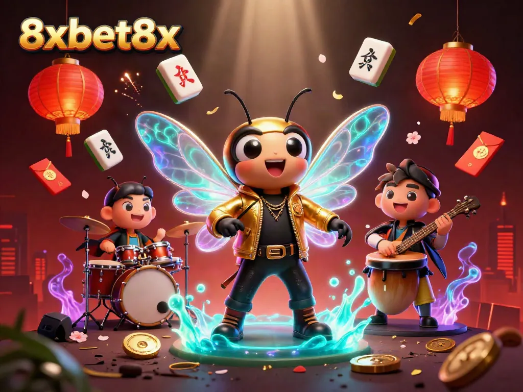 Experience thrilling gameplay at 8xbet8x with a vibrant scene featuring a rock star cicada and festival elements.