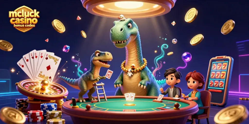 Engage with mcluck casino bonus codes while exploring this vibrant 3D casino scene.