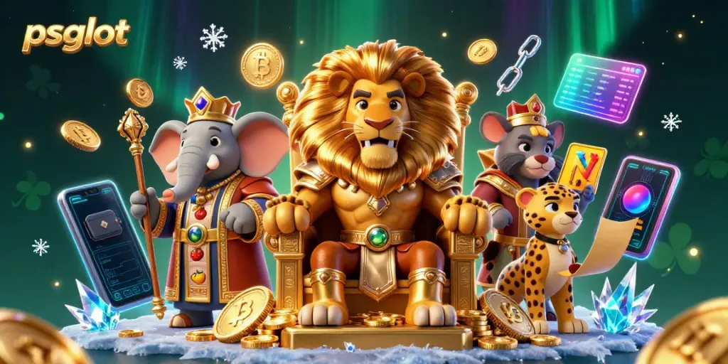 Mainkan psgslot dengan slot reel dan simbol keberuntungan dalam ilustrasi 3D yang mendetail