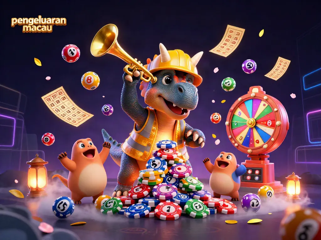 Experience pengeluaran macau with exciting 3D illustration of dinosaur-themed casino celebration.