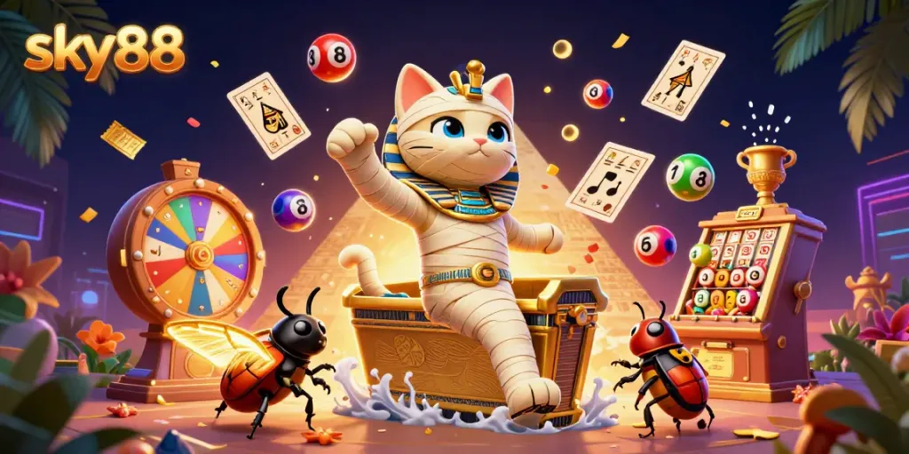 Engage in thrilling games at sky88 with a vibrant pyramid casino scene featuring unique characters and energetic elements.