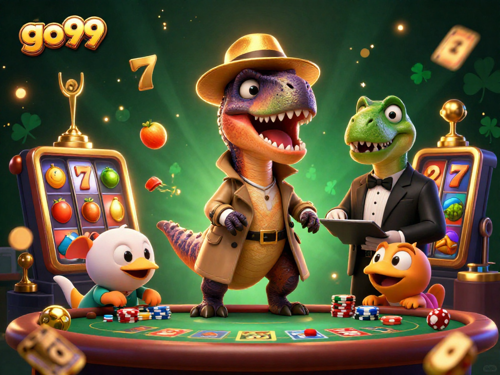 Go99 velociraptor card counter at a blackjack table surrounded by dynamic slot game elements