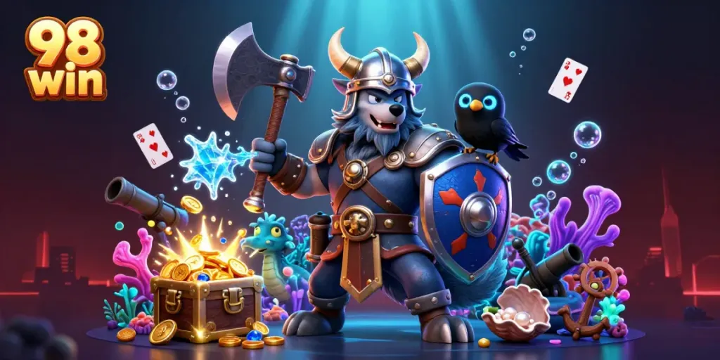 Engage in thrilling games at 98 win with a striking Viking wolf warrior and magical underwater elements.
