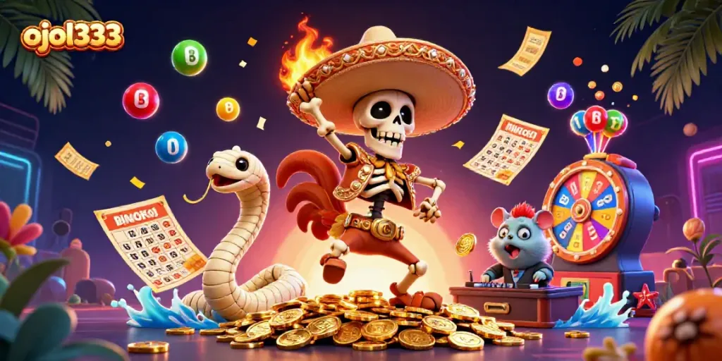 Immerse in the vibrant world of ojol333, where a mariachi rooster celebrates amidst a whirlwind of casino excitement.