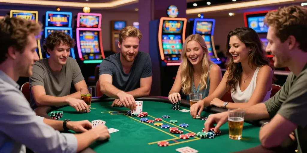 Exciting casino gaming scene with friends celebrating a Lucky777 win at the poker table.