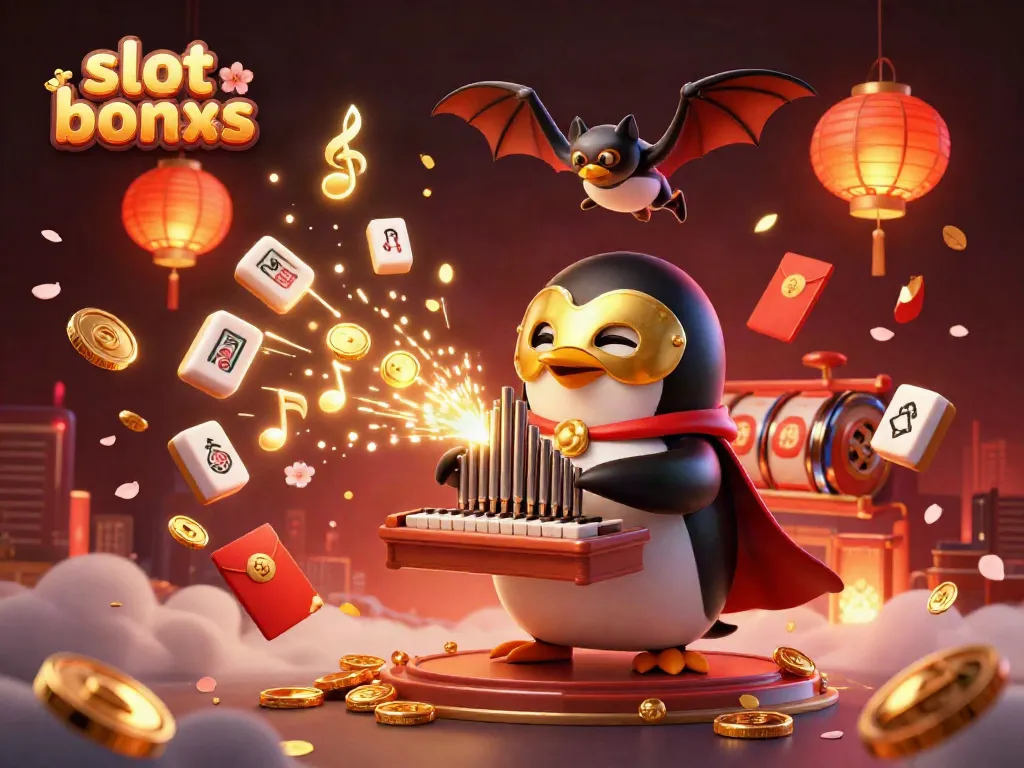Engage with the thrilling slot bonus action featuring a colorful penguin at a golden organ amid vibrant casino elements.