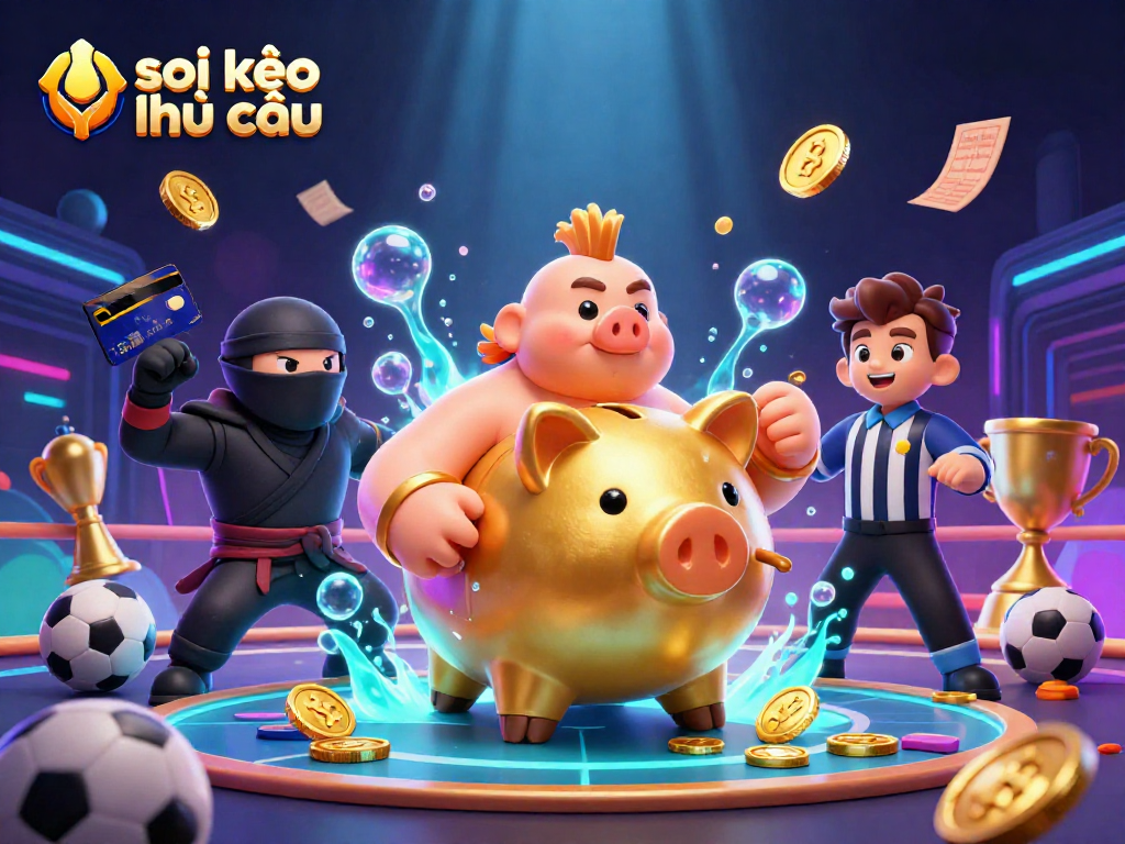 Engaging soi kèo nhà cái 3D scene with a golden piggy bank sumo wrestler amidst vibrant sports betting elements.