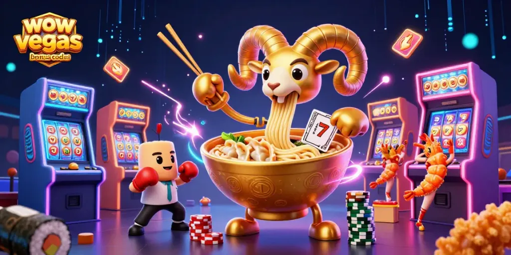 Win big with wow vegas bonus codes featuring a colorful 3D casino scene full of vibrant characters and game elements.