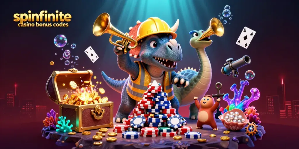 Engage with Spinfinite casino bonus codes and experience immersive gaming with 3D characters in a vibrant scene.