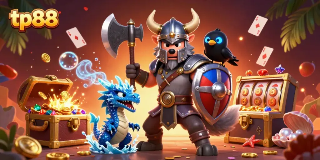 Experience thrilling gaming at tp88 with a cartoon Viking warrior and dragon in a lively casino scene.