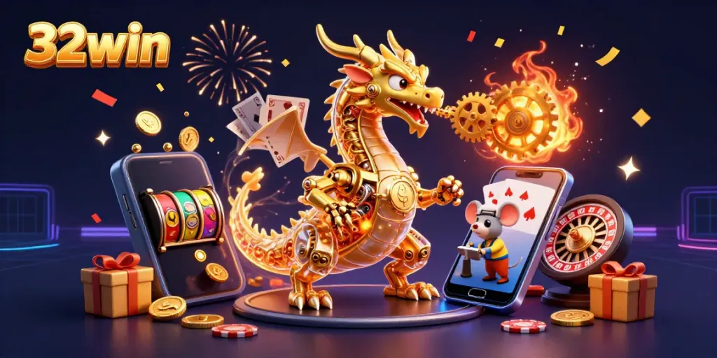 Experience the excitement of 32win with a vibrant casino scene featuring a golden dragon and dynamic gaming elements.