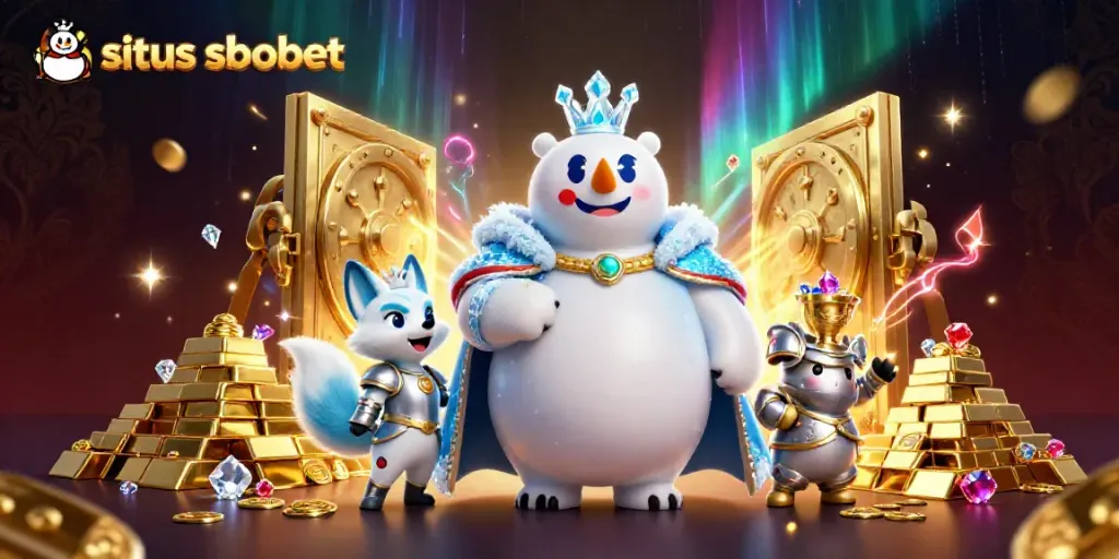 Engage with situs sbobet's rich gambling experience featuring a polar bear king, a snow fox, and vibrant treasures.