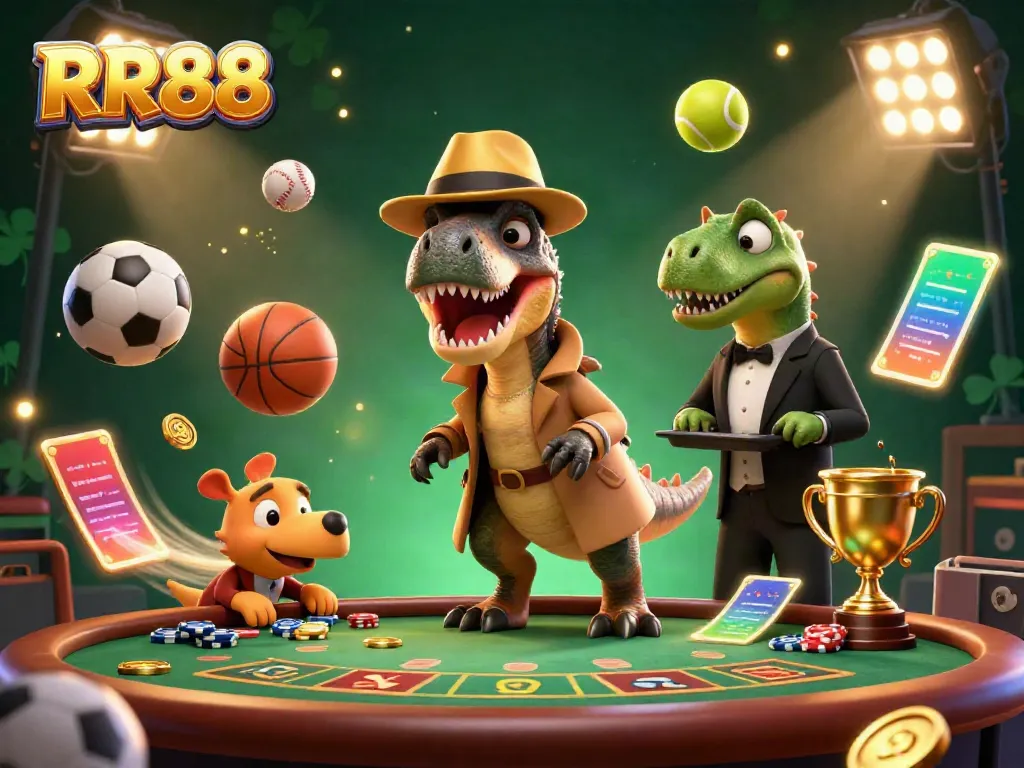 Bet on RR88 at a vibrant blackjack table with a raptor card counter, a stegosaurus pit boss, and a sneaky compy.
