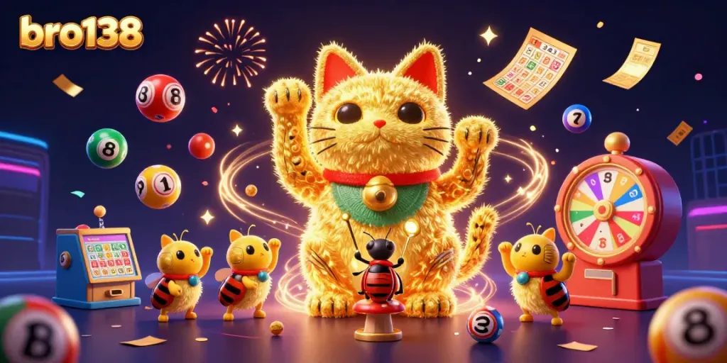 Experience vibrant gaming with bro138's lucky cat symbolizing fortune amidst lotto balls and sparkling confetti.