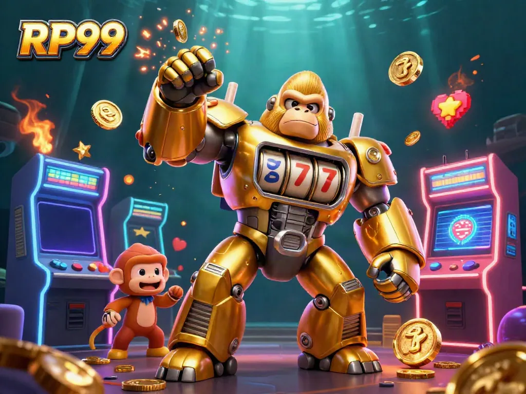 Engage with the exhilarating RP99 gaming experience featuring a powerful golden gorilla mech and dynamic casino elements.
