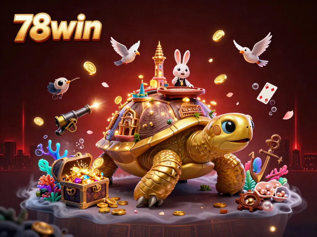 78win captivates players with a dynamic golden tortoise casino scene featuring a rabbit dealer and lively game elements.