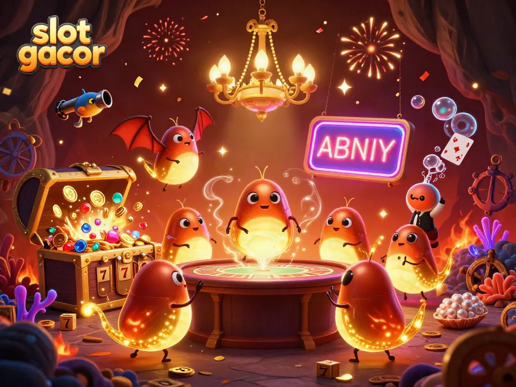 Experience the excitement of slot gacor with vibrant glowing characters lighting up a whimsical casino scene