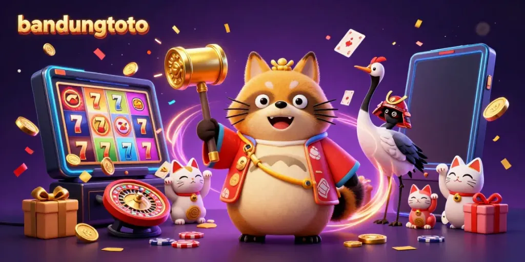 Experience vibrant casino gaming with bandungtoto featuring a cheerful tanuki celebrating with games and fortune cats.