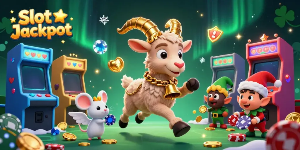 Experience the thrill of Slot Jackpot with a festive casino scene featuring a playful Krampus goat, angel mouse, and mischievous gremlins.